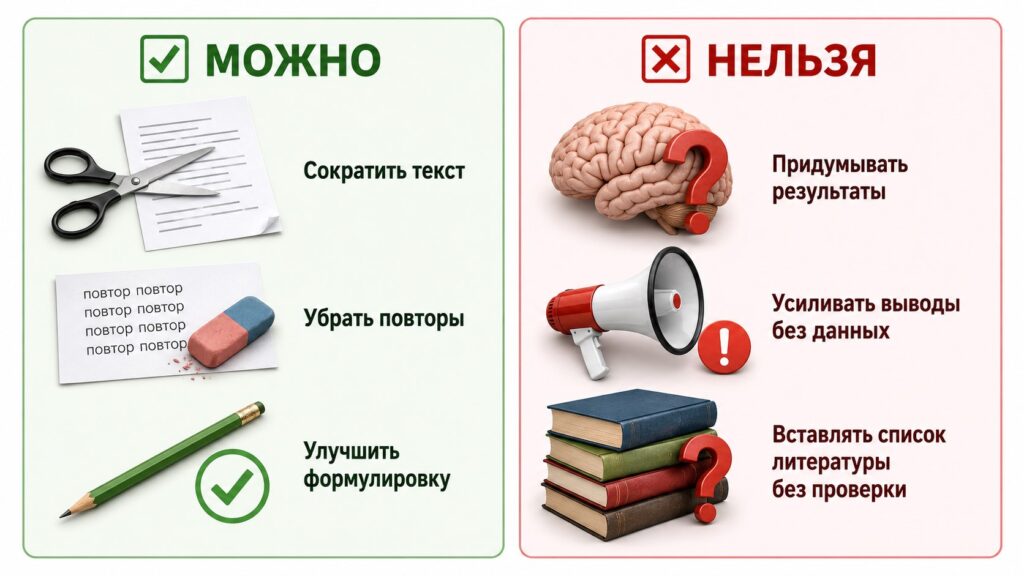 Инфографика о безопасной работе с нейросетью: можно сокращать текст, убирать повторы и улучшать формулировки, нельзя придумывать результаты, усиливать выводы без данных и вставлять список литературы без проверки.