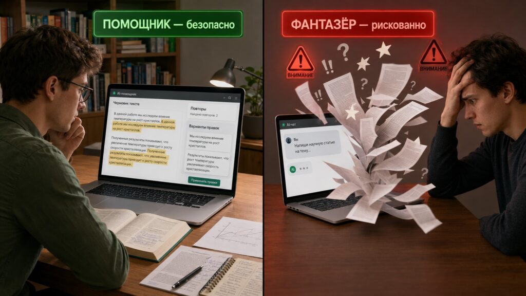 Нейросеть для научного текста. Сравнение двух подходов к работе с нейросетью: слева исследователь использует ИИ как помощника для редактуры текста, справа — пытается поручить нейросети написать статью целиком и получает хаотичный результат.