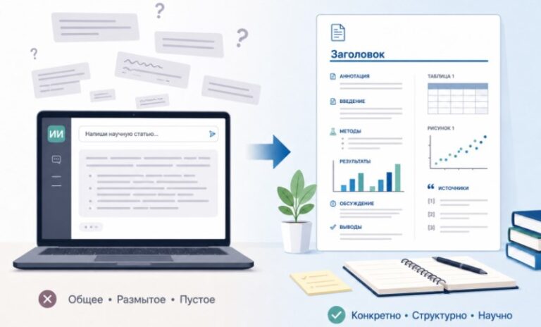 Сравнение общего текста от нейросети и структурированной научной статьи с таблицей, графиком и источниками