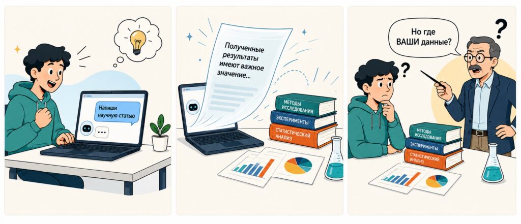 Мини-комикс о запросе «Напиши научную статью»: нейросеть выдаёт общий текст, а профессор спрашивает, где данные автора.