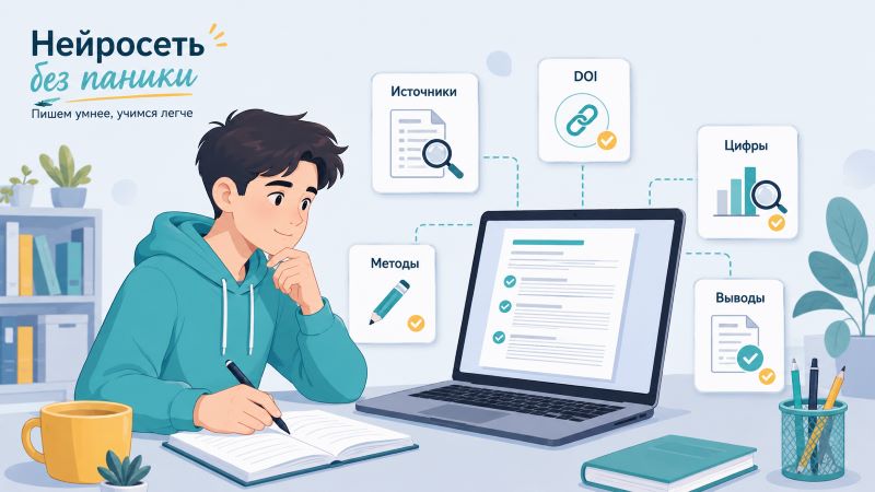 Студент проверяет научный текст после нейросети: источники, DOI, цифры, методы и выводы