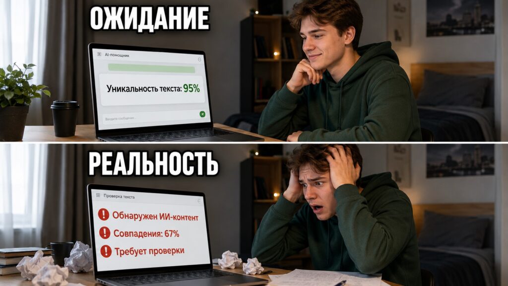 Мем «Ожидание и реальность»: студент ждёт 95% уникальности от нейросети, но получает отчёт антиплагиата с ИИ-контентом, совпадениями и требованием проверки.