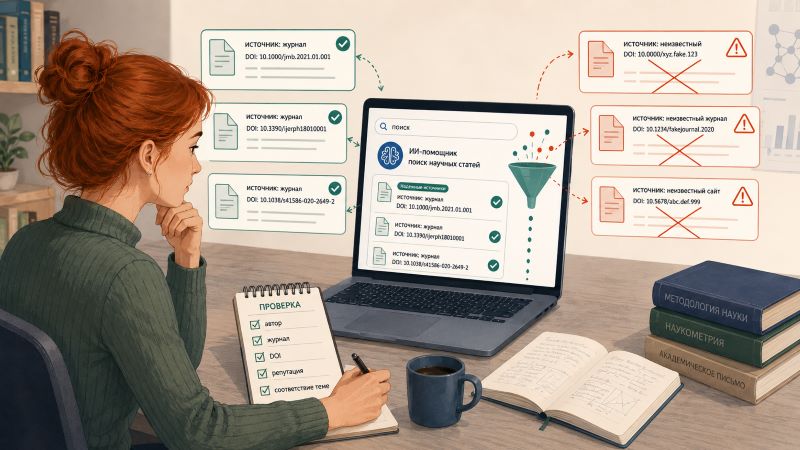 Девушка проверяет научные источники, найденные с помощью ИИ
