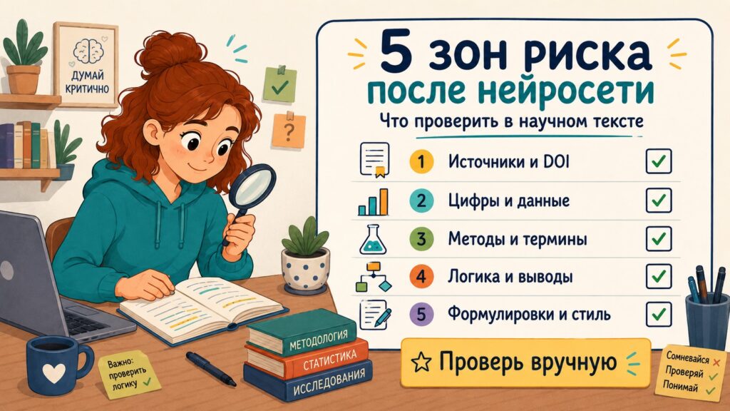 Чек-лист 5 зон риска после нейросети: источники и DOI, цифры, методы, логика выводов, формулировки и стиль.