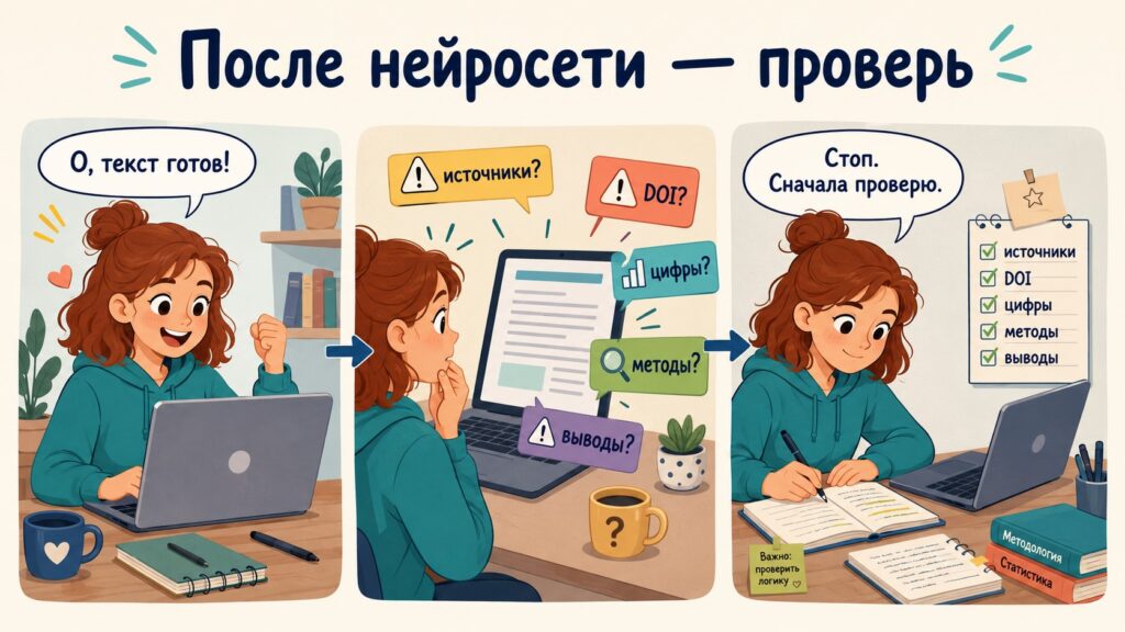Мини-комикс о проверке научного текста после нейросети: студентка замечает риски в источниках, DOI, цифрах, методах и выводах.