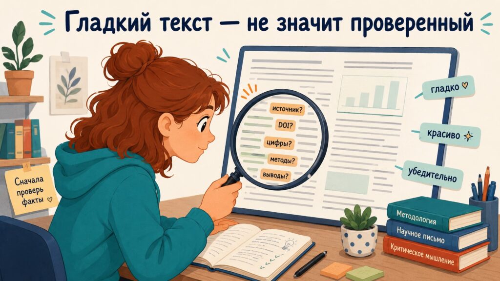 Студентка проверяет научный текст после нейросети через лупу: гладкий текст не значит проверенный, нужно сверять источники, DOI, цифры, методы и выводы.